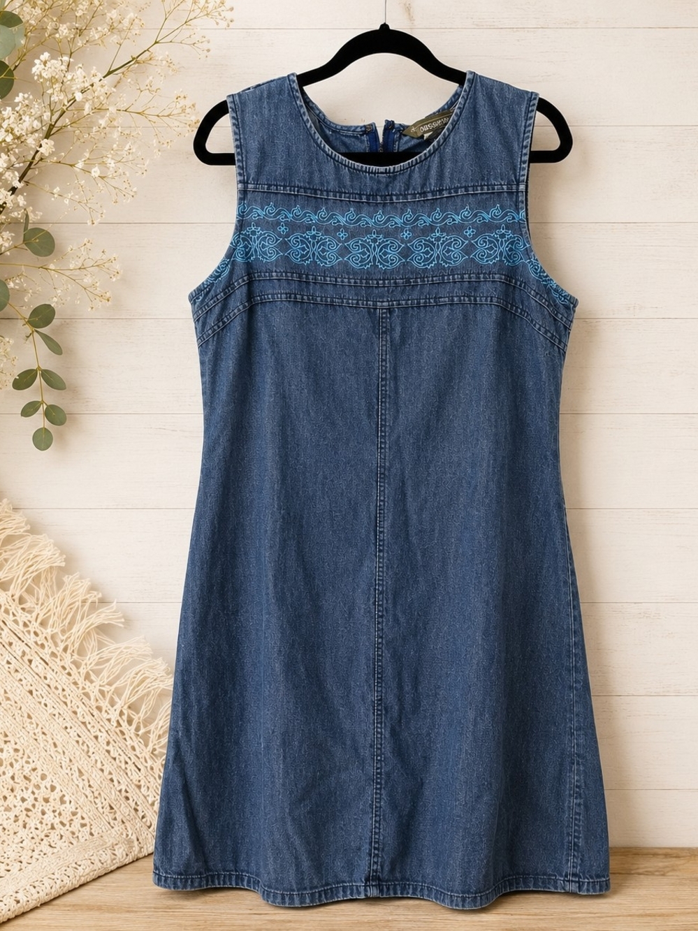 Passages Embroidered Denim Dress Size 14 Turquoise Chambray Sleeveless Midi